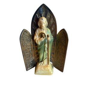 D.C. Overbach St. Jude Figurine Gold Brass Triptych Shrine Vintage Religious Art